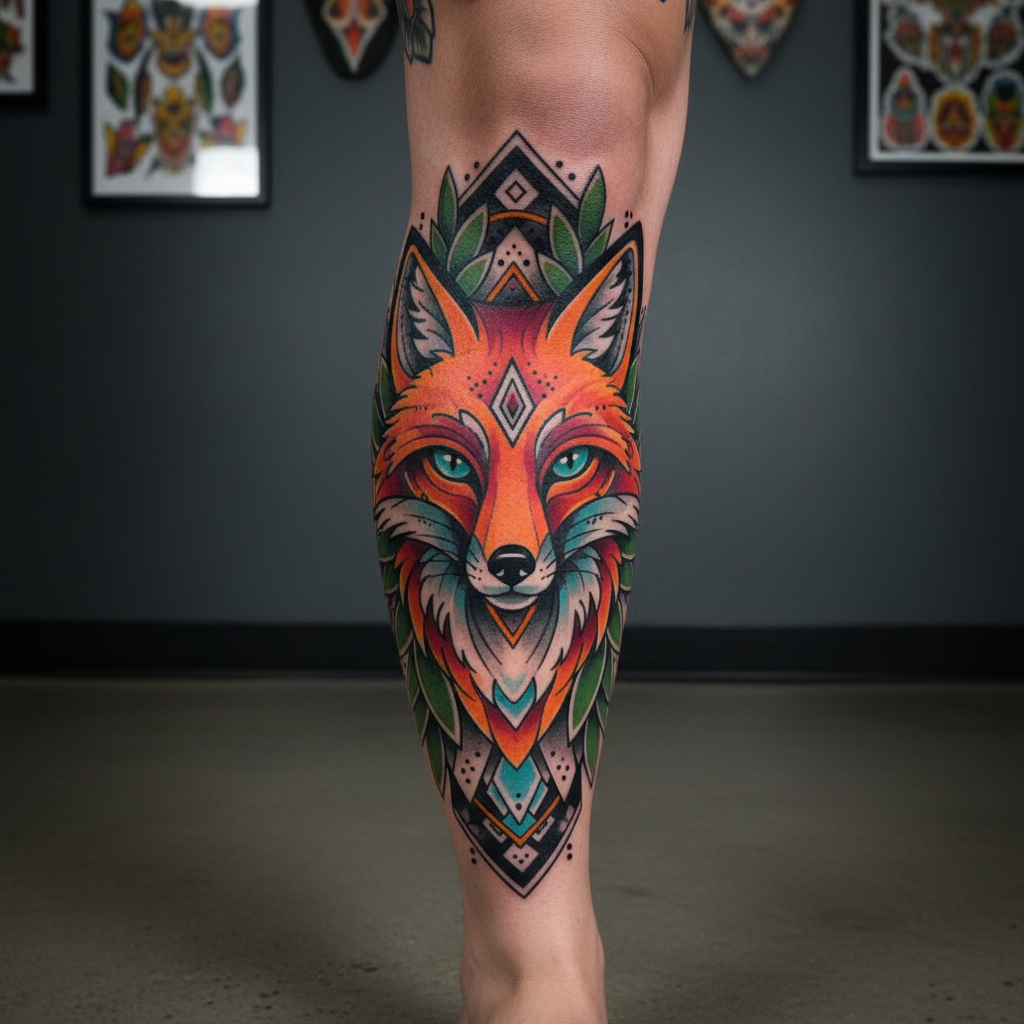 A bold custom neo-traditional animal tattoo of a stylized fox head on the outer calf, with thick black outlines, rich oranges, and teal accents, surrounded by graphic leaves and geometric elements. Captured from a straight-on angle at knee height, the tattooed leg stands against a matte charcoal studio wall, creating strong color contrast. Soft box lighting from the front and slight side ensures even illumination, making every color blend and line crisp, while a faint shadow anchors the limb to the floor. The background is gently blurred but reveals hints of framed tattoo art. The photographic composition centers the tattoo and crops out the upper body completely, delivering a dynamic, bold, and contemporary tattoo studio aesthetic.