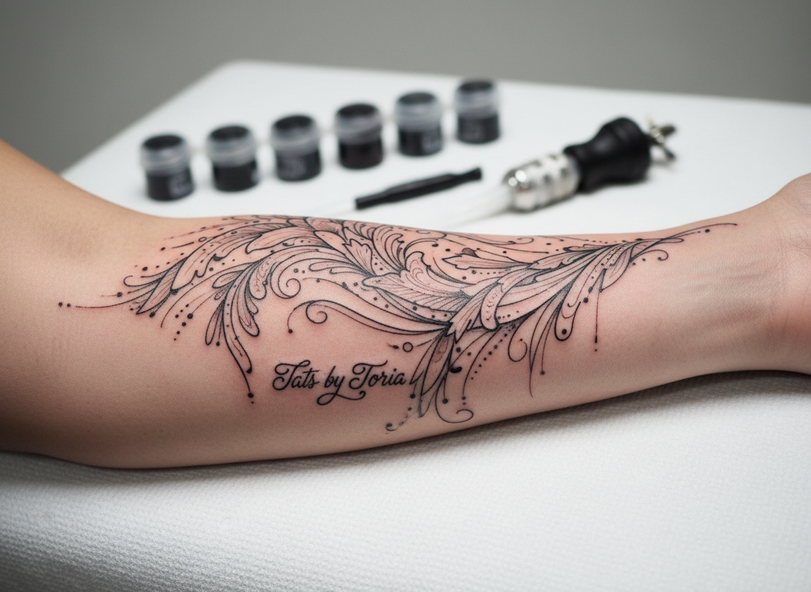 A crisp macro-style photograph of a freshly completed fine-line forearm tattoo reading as an intricate ornamental design: delicate filigree, tiny dots, and subtle line weights forming a custom motif that flows along the arm’s natural lines. The forearm rests lightly on a white padded armrest, with a neatly organized row of ink caps and gloved tools softly blurred in the background. Bright, diffused studio lighting removes harsh shadows and highlights the smoothness of the lines and the evenness of the ink. The mood is focused and professional, emphasizing precision and craftsmanship. Shot at eye level with extreme close-up framing, the tattoo fills the frame in sharp detail, perfect for showcasing Tats by Toria’s meticulous custom work.