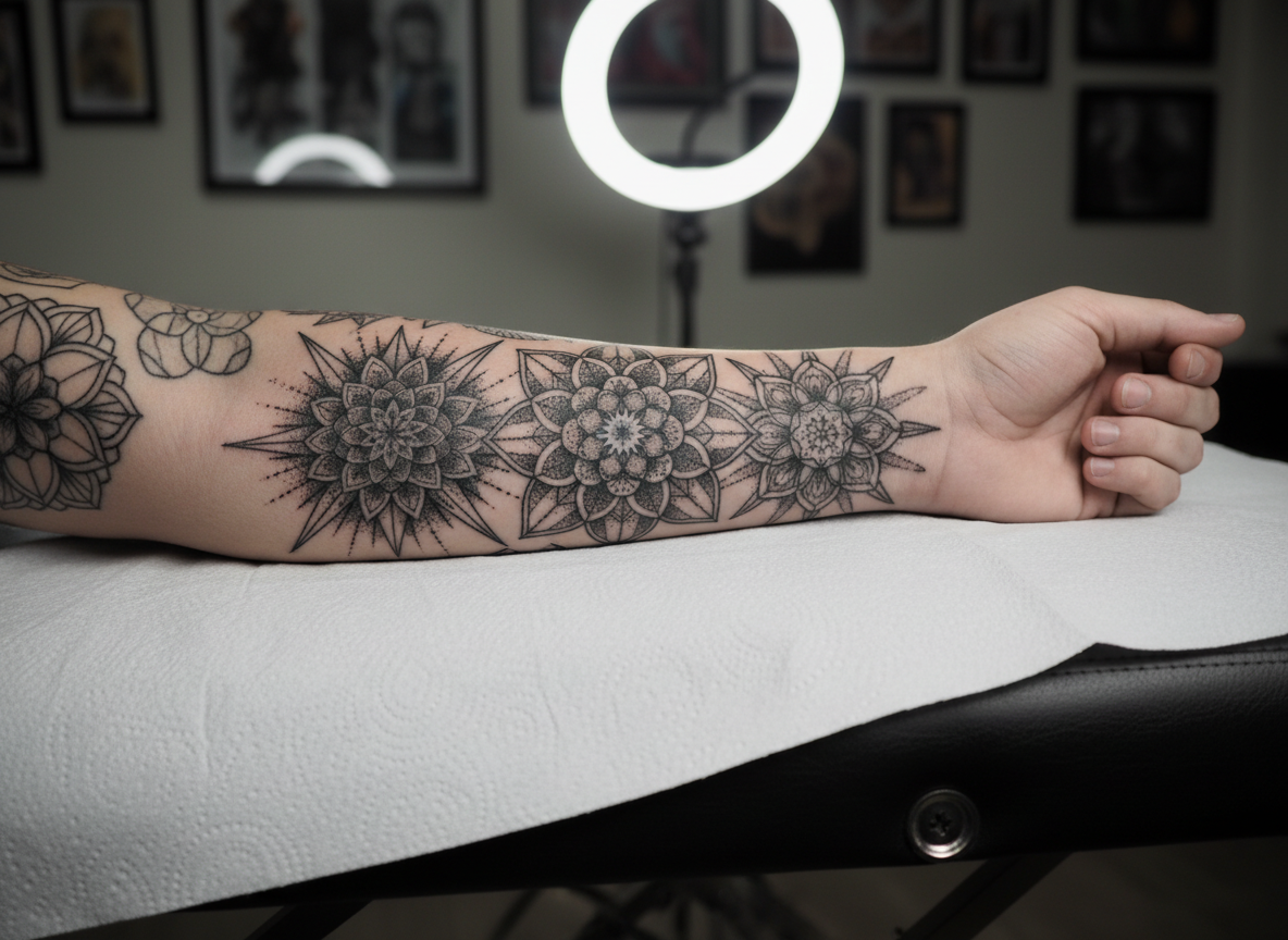 A detailed blackwork geometric tattoo spanning from elbow to wrist, featuring interlocking mandalas, dotwork shading, and razor-sharp lines, captured from a slightly elevated angle. The limb rests on fresh white disposable paper atop a dark tattoo bed, creating strong contrast that makes the design pop. Soft, even studio lighting eliminates harsh glare, allowing every tiny dot and line to be seen clearly, with subtle shadows adding depth. The background is tastefully blurred: hints of framed flash art and a ring light suggest a professional studio. The mood is clean, modern, and precise, emphasizing technical mastery and custom design. Photographic realism, with a shallow depth of field focused entirely on the tattoo, no faces or identifying features visible.