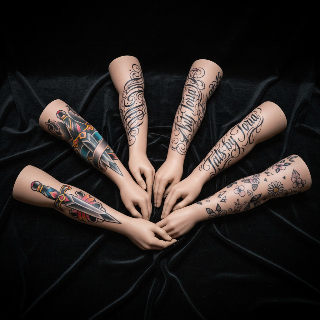 A dynamic photographic shot of multiple completed flash-style tattoo designs inked across several detached synthetic arms arranged fan-like on a black velvet backdrop, each showcasing different custom styles: traditional daggers, script-inspired ornaments, mini florals, and small geometric pieces. Overhead softbox lighting creates a gentle sheen on the artificial skin and rich shadows in the folds of velvet, enhancing contrast and color. The background is deep and uncluttered, focusing attention on the variety of tattoos as a portfolio spread. The mood is bold and creative, suggesting the range of Tats by Toria’s custom work. Shot from a slightly elevated angle with sharp focus across the scene, the composition feels curated and professional, with no human bodies present.
