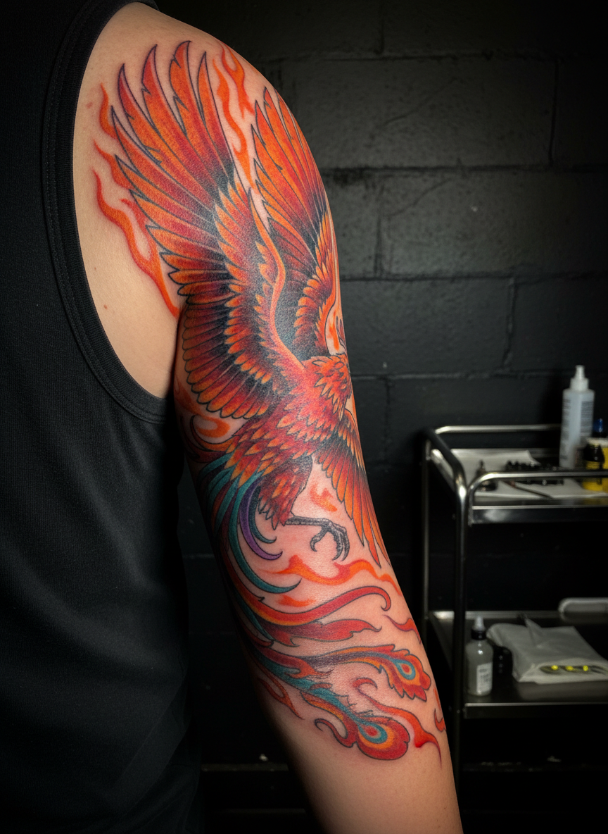 A vibrant color tattoo of a stylized phoenix in mid-flight spread across an upper arm, captured in a tight, angled close-up that excludes any face. Flames in saturated oranges, reds, and hints of teal wrap around the limb, with delicate feather details and smooth color blends clearly visible. The arm is positioned against a dark, slightly textured studio wall, with a stainless steel workstation softly blurred in the background. Dramatic side lighting creates glossy highlights on the inked skin and deep shadows in the negative space, giving the image a fierce, bold energy. Photographic realism with a crisp focus on the tattoo, using the rule of thirds to frame the design as the star of the composition, reflecting a daring, confident tattoo studio brand.