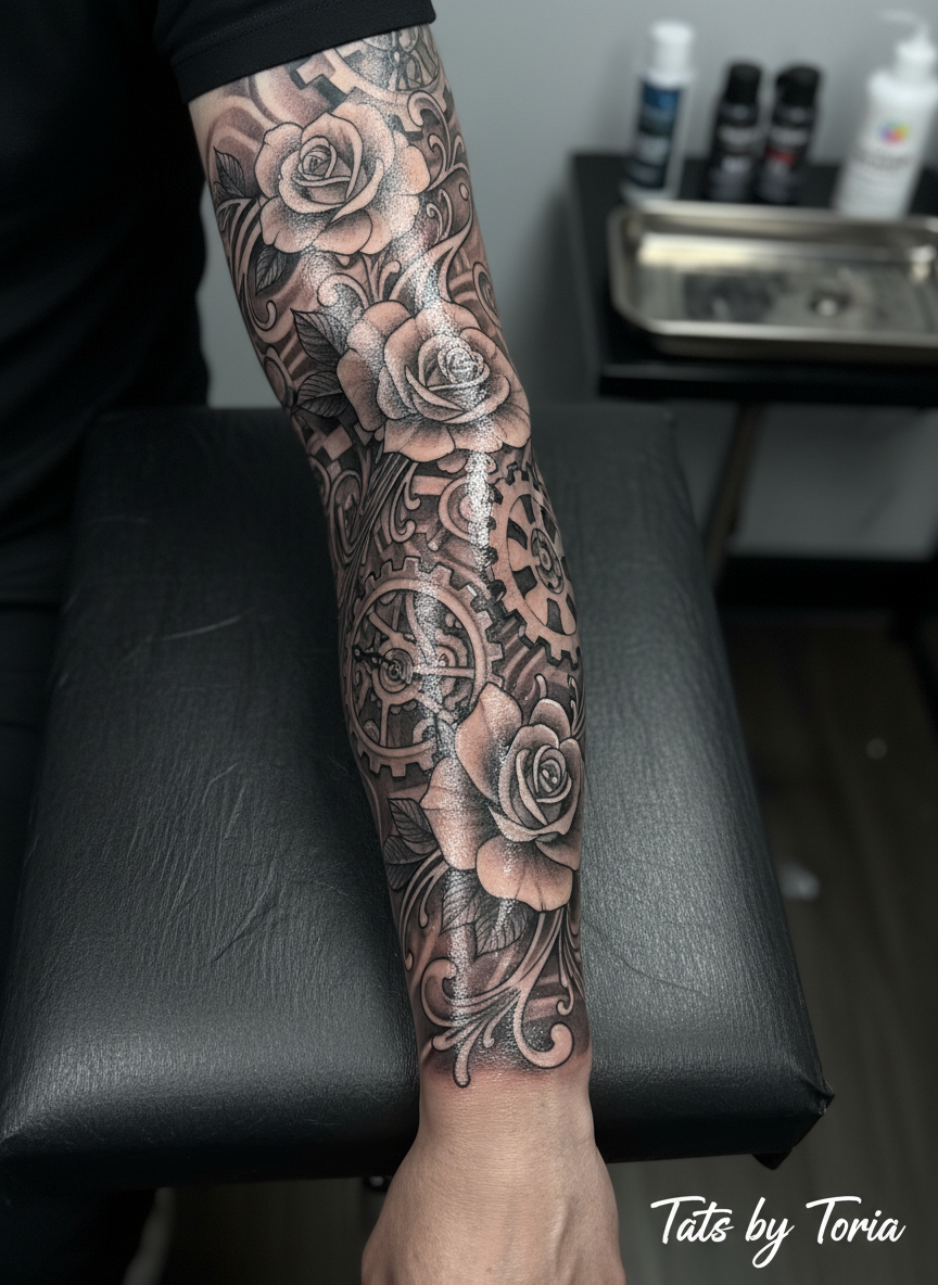 A close-up photographic shot of a freshly completed black and grey sleeve tattoo wrapping around a sculpted forearm and wrist, the skin slightly dewy from ointment. Intricate roses, clockwork gears, and fine-line filigree flow seamlessly together, every line crisp and saturated. The arm rests on a matte black tattoo chair cover in a minimal studio space, with blurred ink bottles and a metal tray in the background. Cool, diffused studio lighting from above and the side highlights skin texture and ink detail, casting soft shadows along the contours. Shot at eye level with a shallow depth of field, the mood is bold and professional, emphasizing artistry, precision, and the high-quality custom work of Tats by Toria. Faces are completely out of frame.
