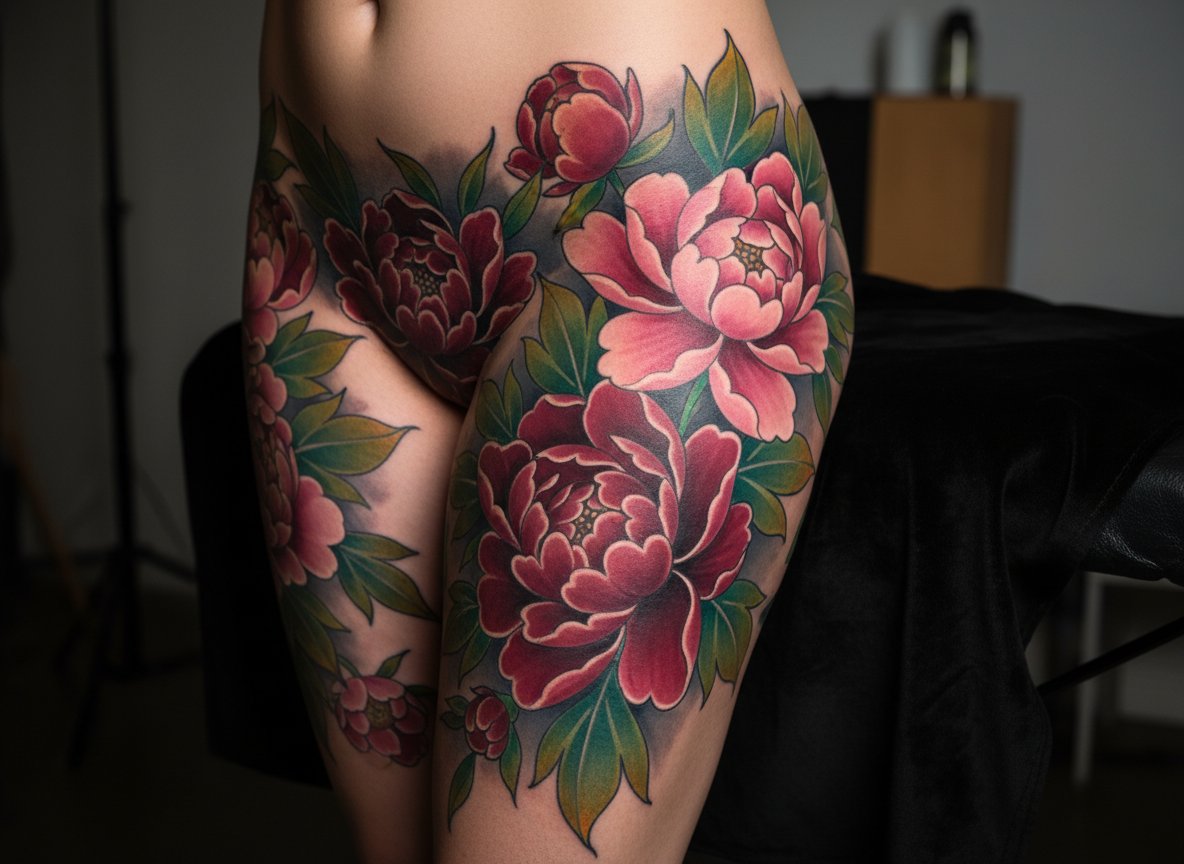 A richly colored custom floral thigh tattoo featuring oversized peonies and leaves, each petal rendered with smooth gradients from deep burgundy to soft blush, captured in a tight, side-on close-up that crops out the torso and any face. The tattooed skin lies on a crisp black drape, with a subtle reflection from the surface adding depth. Warm studio lighting from above creates gentle highlights across curves and petals, bringing out saturation and dimension without glare. The background melts into a soft bokeh of muted studio tones, hinting at equipment without distraction. The mood is bold yet elegant, showcasing Toria’s painterly color work and attention to fine details in a photographic, high-end editorial style.