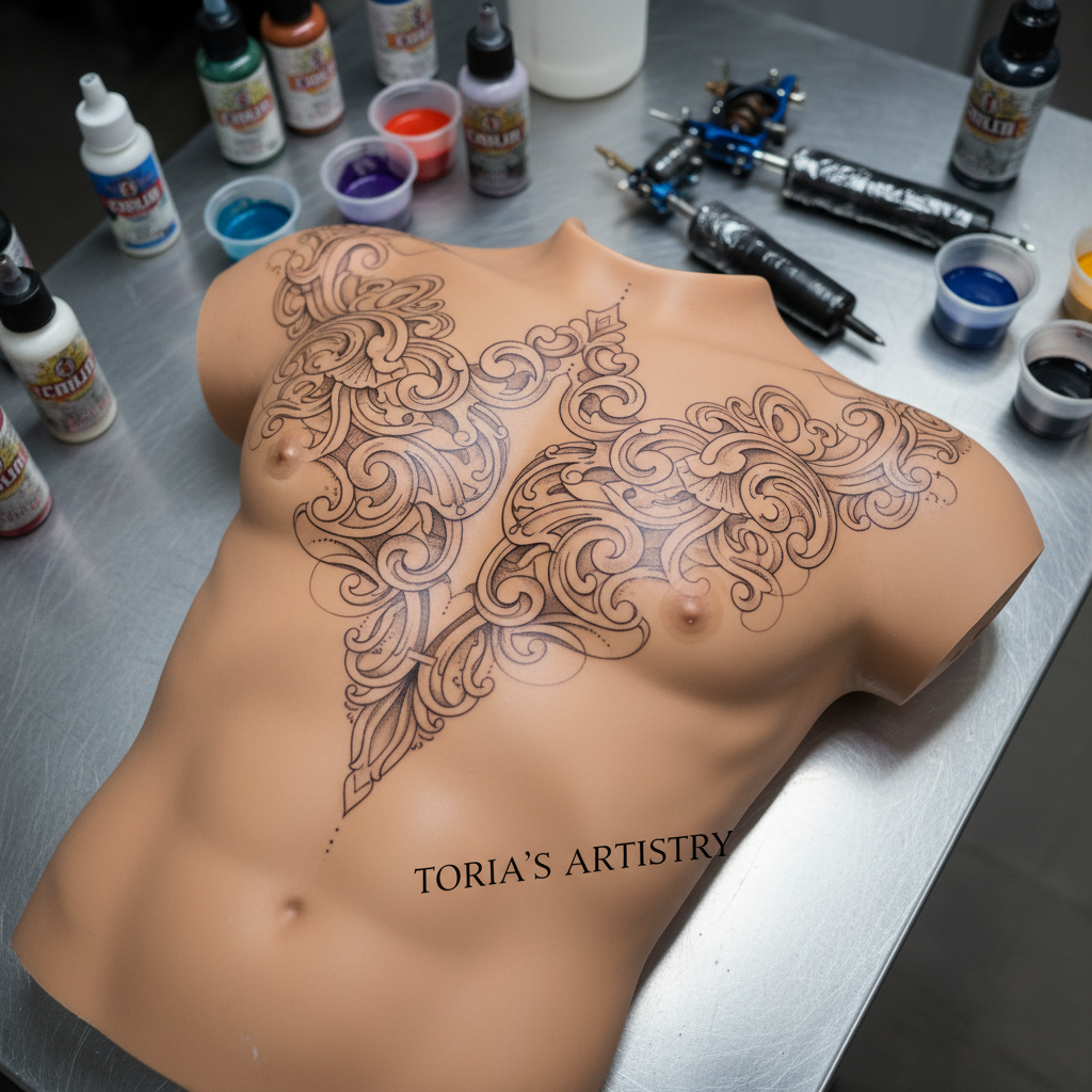 A high-resolution photographic close-up of an intricate chest tattoo layout mocked up on a synthetic practice torso, featuring symmetrical ornamental patterns, dotwork shading, and subtle script-like flourishes woven into the design. The tan silicone surface rests on a stainless steel workstation surrounded by neatly arranged ink bottles, disposable cups, and wrapped machines, all slightly out of focus. Overhead studio lights cast bright, even illumination without glare, revealing every detail of the design as if on real skin. The scene feels bold, clean, and professional, highlighting the custom planning and artistry behind Toria’s work. Composition uses a top-down angle with sharp focus on the tattooed area and a soft falloff toward the edges of the frame.