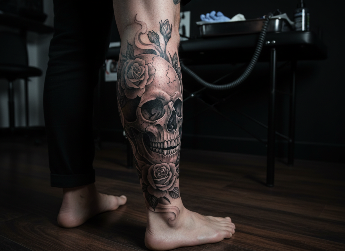 A striking back-of-calf tattoo depicting a highly detailed black and grey skull intertwined with realistic roses and flowing smoke, shown from a low, three-quarter angle that accentuates the leg’s contours. The inked leg is positioned on the edge of a dark hardwood floor, with a blurred view of a clean, modern tattoo station behind it. Cool, directional studio lighting from the side carves out contrast in the skull’s shadows and rose petals while maintaining clear visibility of fine shading and textures. Photographic realism with a moody, bold atmosphere, framed so the tattoo dominates the center of the image. No face or upper body in frame, emphasizing the finished custom piece as the hero subject.